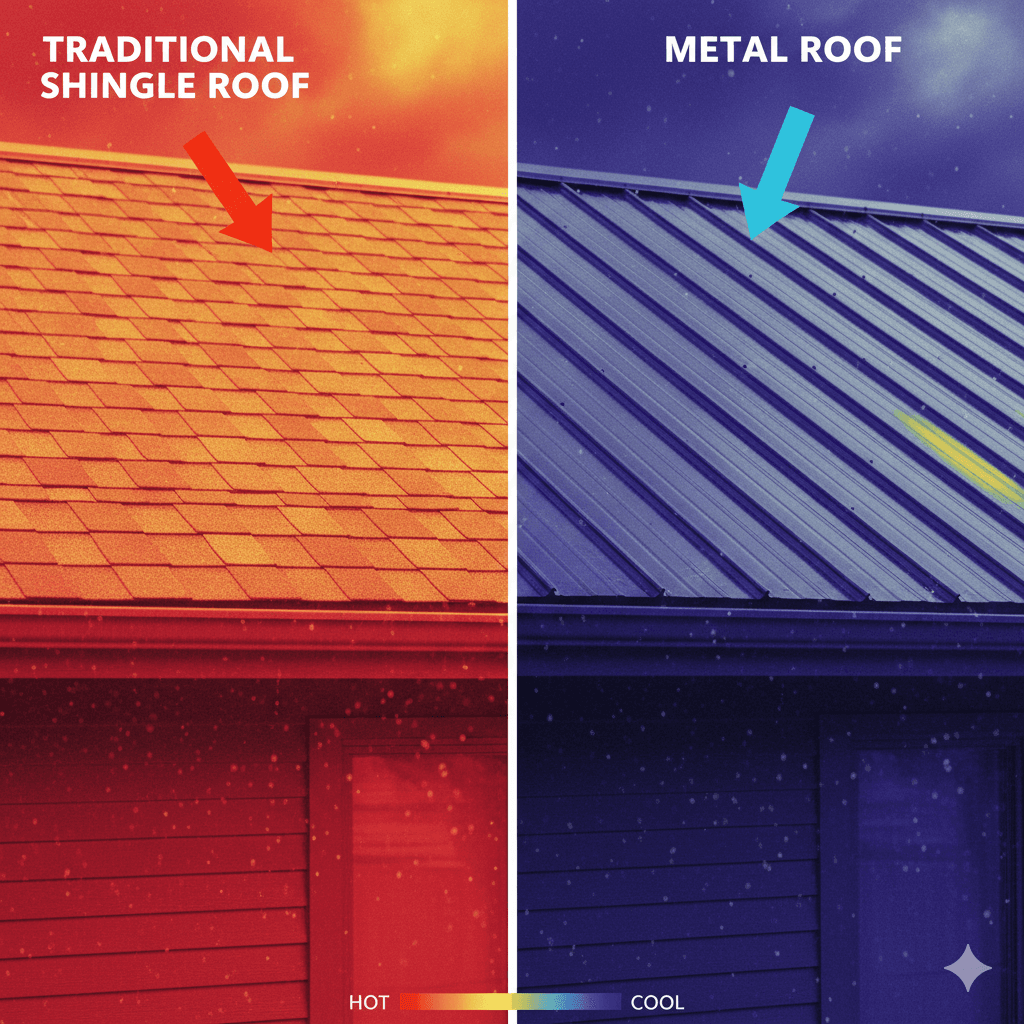 Metal roofing installation energy efficiency — reflecting solar radiation to reduce cooling costs by up to 25%