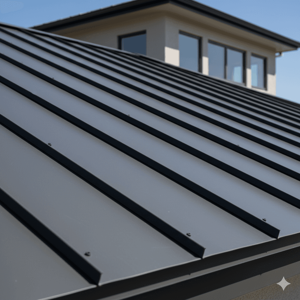 Standing seam metal roof panel detail — showing precise installation technique for long-lasting metal roofing