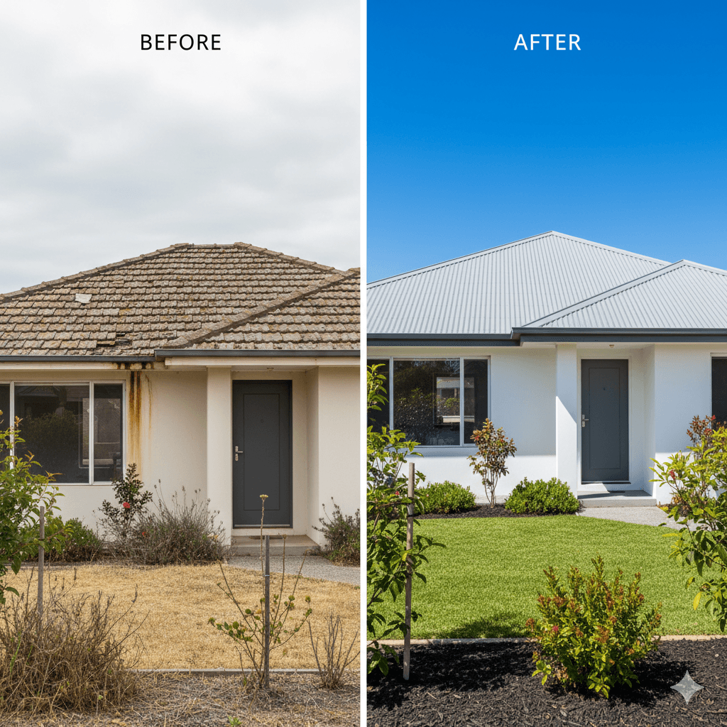 Before and after re-roofing comparison showing old weathered roof replaced with modern Colorbond roof on Australian home