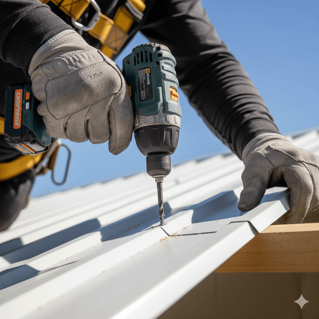 Close-up detail of professional metal roof sheet installation by Falcon Roofing tradesperson