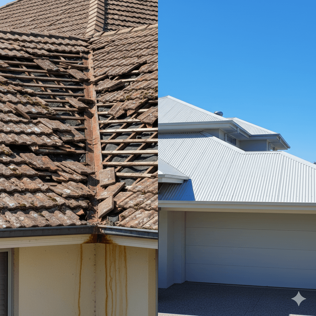 Before and after comparison showing damaged old roof versus new Colorbond metal roof in Australia