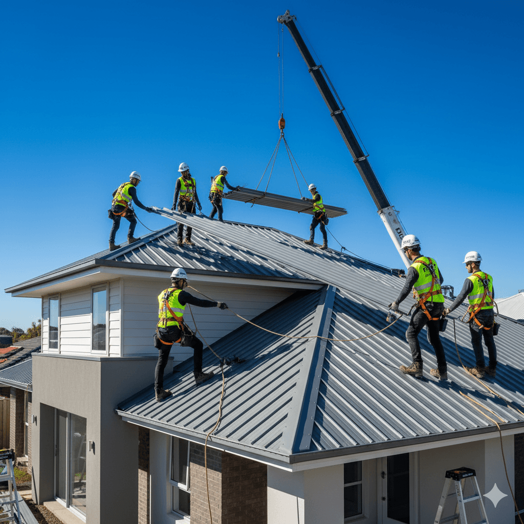 Professional Falcon Roofing team installing metal roof with safety equipment on Australian residential property