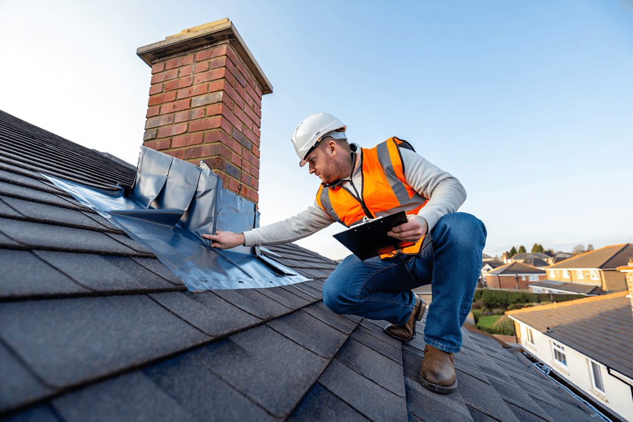 Professional roofer inspecting new metal chimney flashing on a shingled roof in Canberra