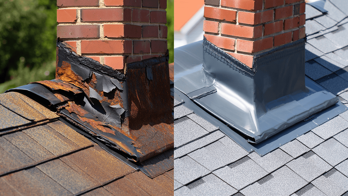 Before and after comparison of corroded roof flashing versus new metal flashing installation