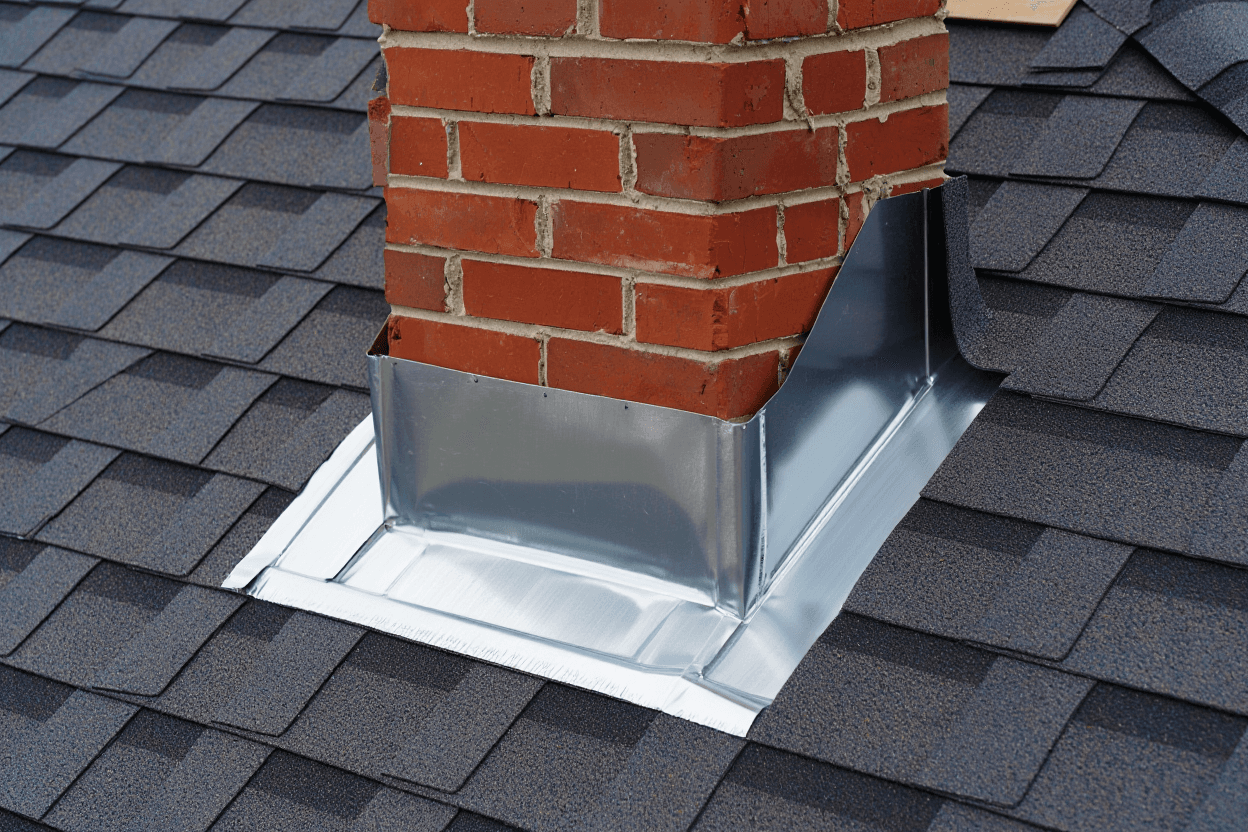Chimney flashing installation showing base flashing and counter flashing detail