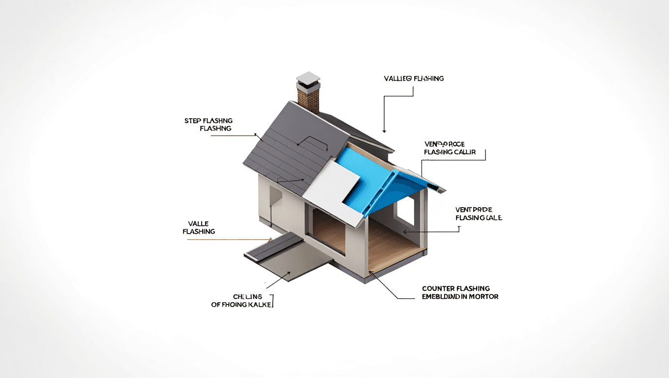 Roof flashing diagram showing chimney, valley, step and drip edge flashing locations