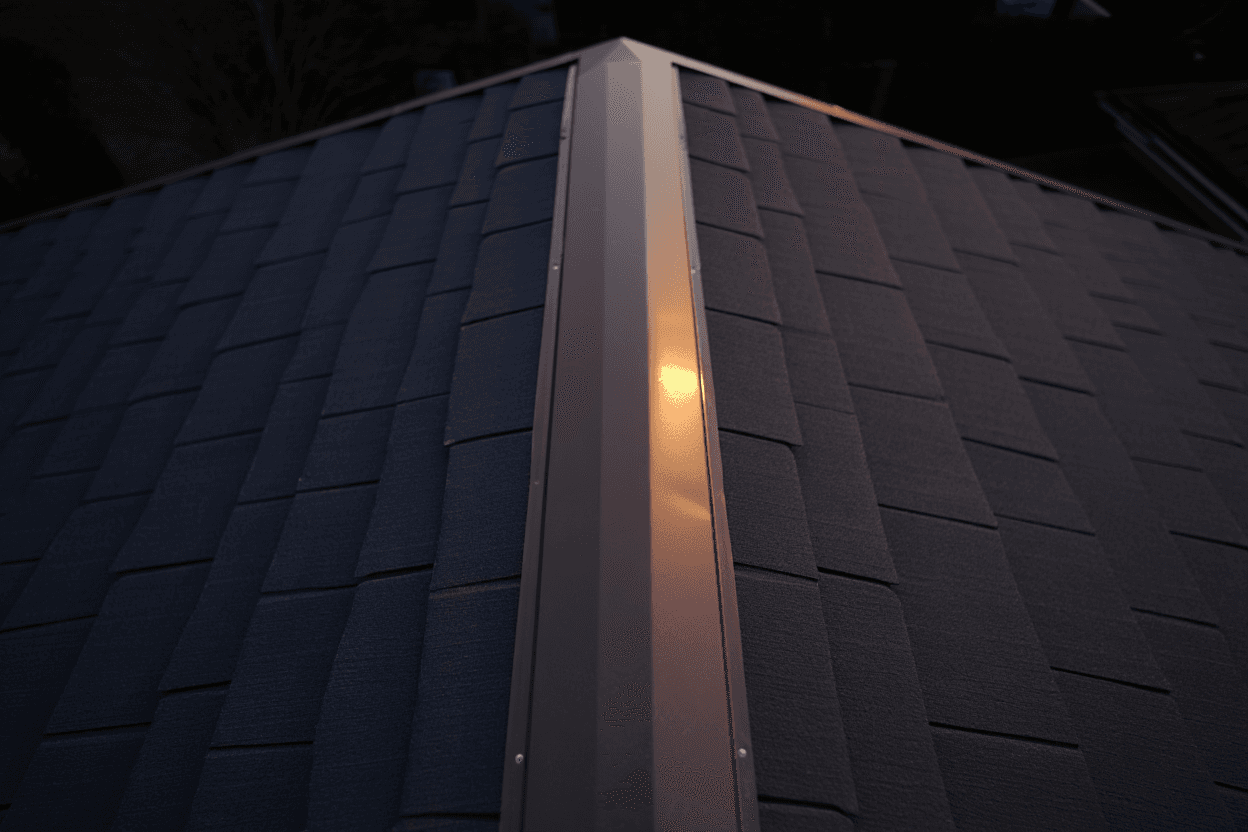 Copper valley flashing installed in roof valley between two roof sections