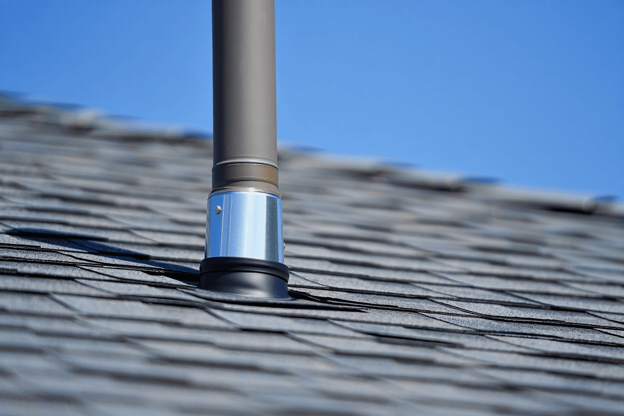 Metal vent pipe flashing collar sealing roof penetration