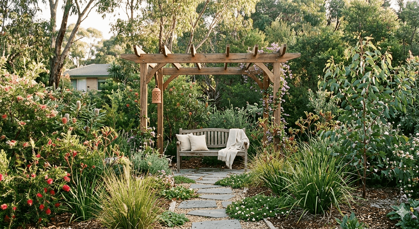 Freestanding timber pergola in a Canberra garden