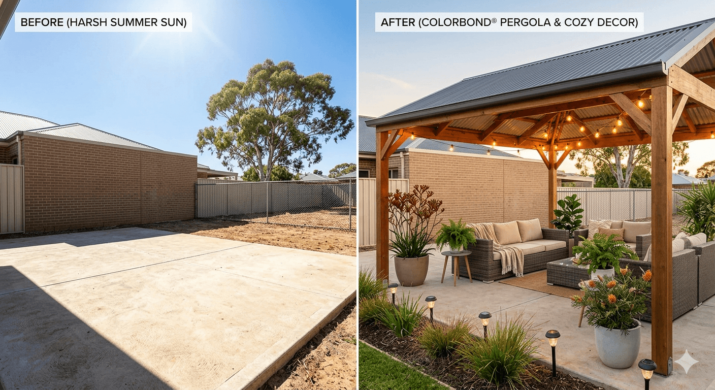 Before and after custom timber pergola with COLORBOND roof in a Canberra backyard