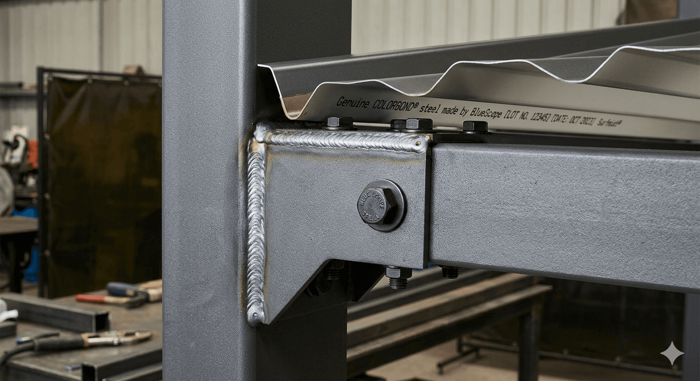 Steel pergola frame with genuine COLORBOND steel detail — Falcon Roofing