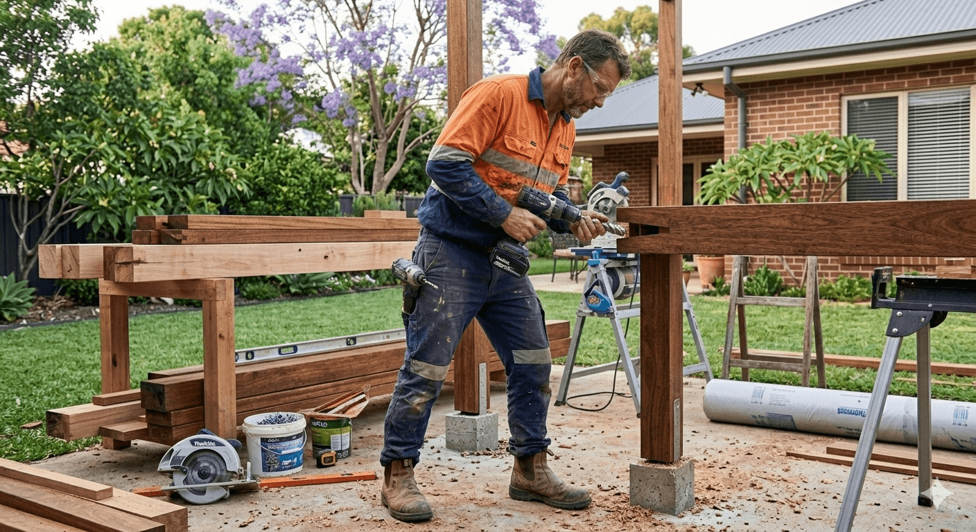 Pergola building process - tradesman at work Canberra