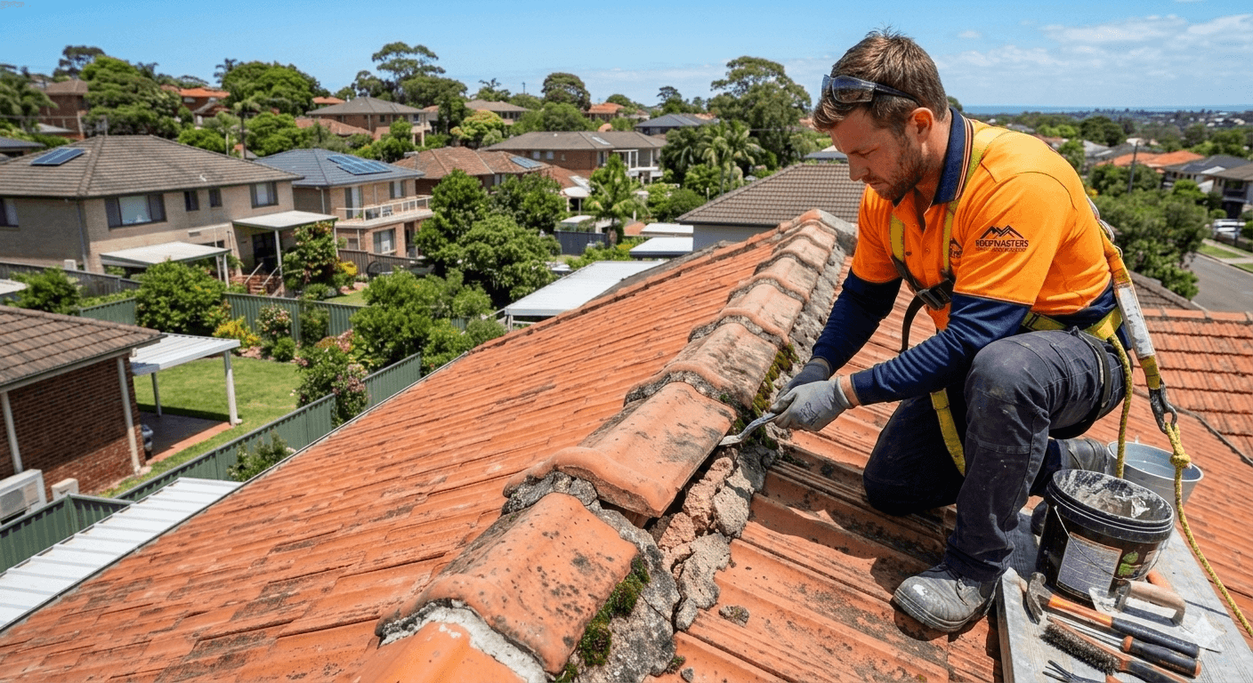 Roofing contractor working on ridge tiles Canberra