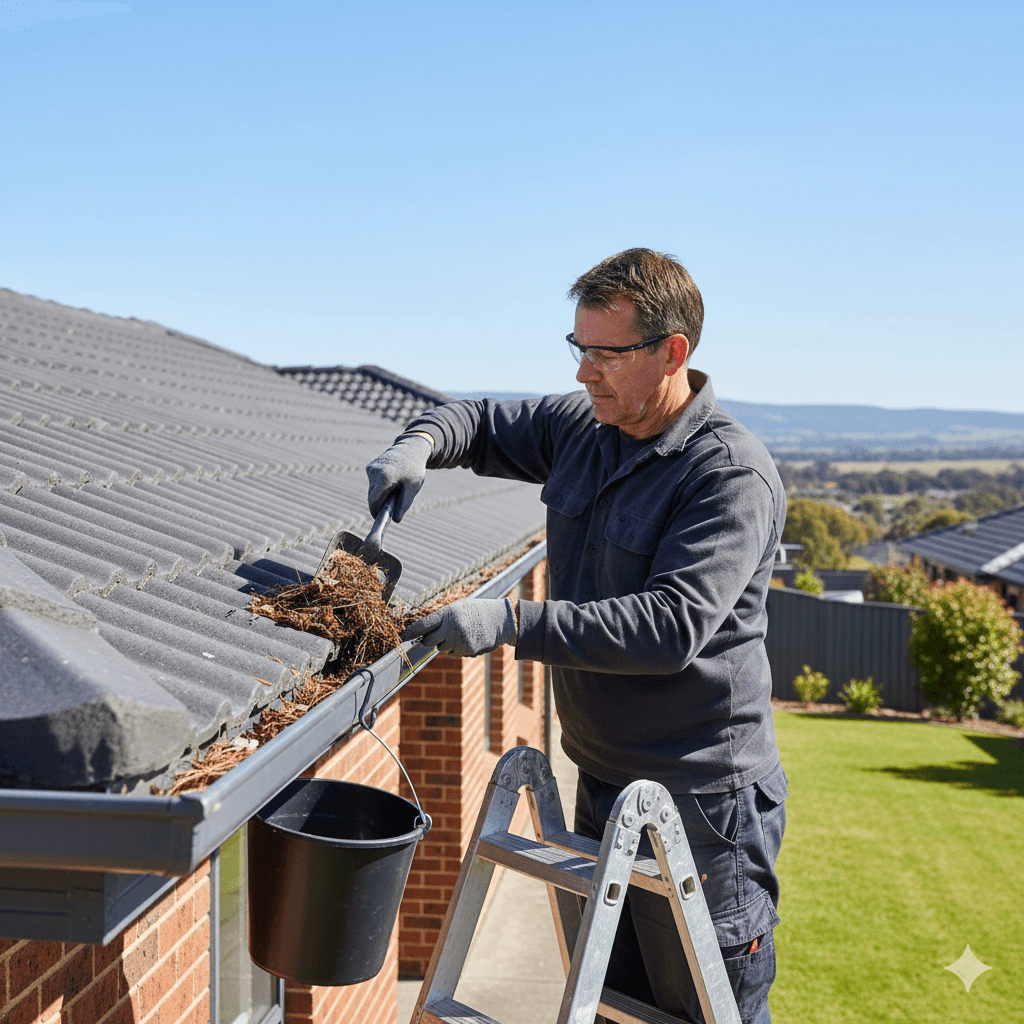 Homeowner maintaining clean gutters in Canberra — regular gutter maintenance prevents costly replacement