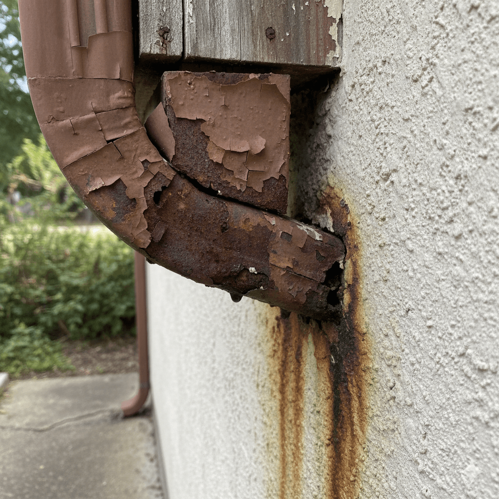 Rust and corrosion damage on old gutters in Canberra — signs that gutter replacement is needed