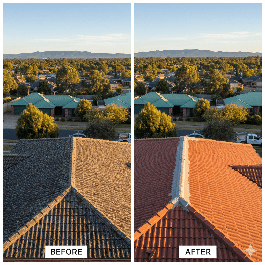 Before and after tile roof restoration Canberra ACT – Falcon Roofing