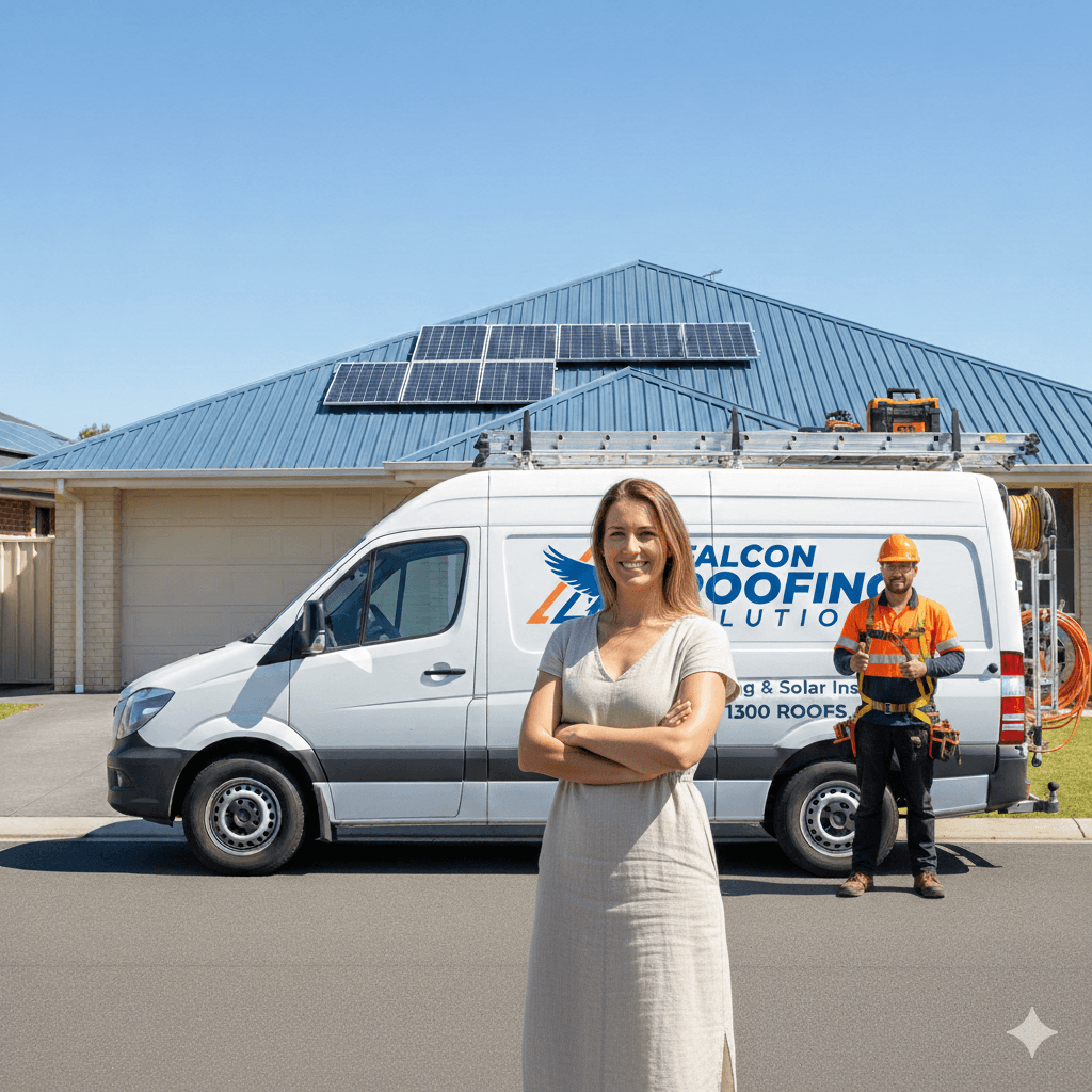Happy Australian homeowner with a new quality roof installed by professional roofers near me
