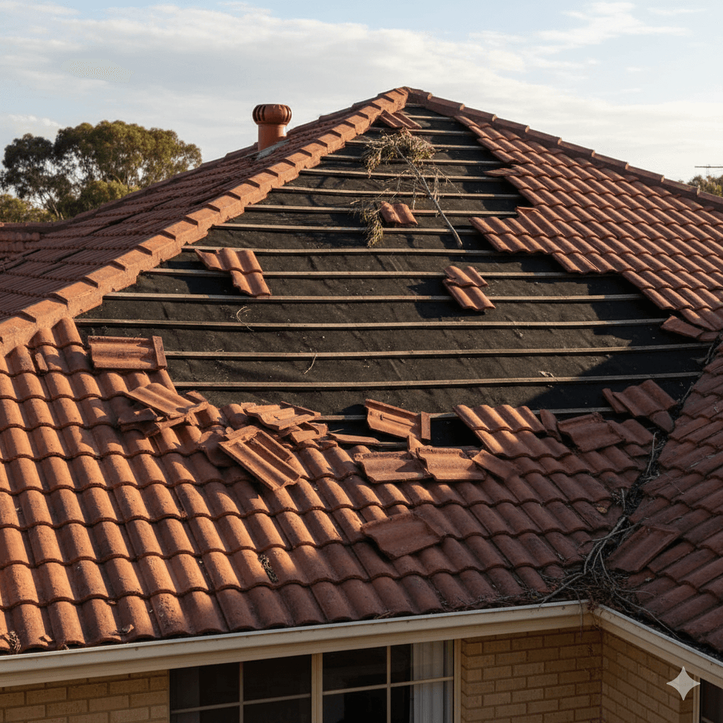 Storm-damaged roof in Australia requiring urgent repair from a qualified roofer near me